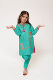 Kids Casual Dress | T.Green & Multicolor | Casual 2 Piece Suit | Cotton Plain Embroidery | KAC-03431