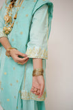 Girls Casual Dress | S.Green & Gold | Casual Plus 3 Piece Suit  | Cotton Plain with Banarsi Borders | GBD-03444
