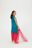 Kids formal dress | Tarqvise Green &MultiColor  | formal 3 Piece suit | Polyester Crinkle Chiffon | KDD-03546