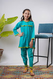 Kids Eid Dress | S.Green & Multicolor | Casual 2 Piece Suit | Cotton Plain Cambric | KAC-03263