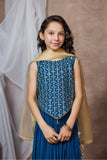 Kids formal clothes | Turquoise Blue & Golden | Formal 3 Piece Suit | Viscose Crinkle Chiffon | KDD-03065