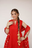 Girls Casual Dress | Red & Gold | Casual Plus 3 Piece Suit | Cotton Plain with Banarsi Borders | GBD-03443