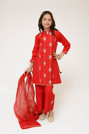 Kids Casual Dress | Red & Multicolor | Casual 3 Piece Suit | Cotton Plain Embroidery | KAD-03421