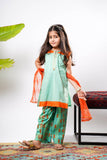 Kids Eid Dress | Sea Green & Multicolor | Casual Plus 3 Piece Suit | Cotton  Gold Printed Lawn | KBD-03244