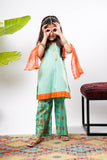 Kids Eid Dress | Sea Green & Multicolor | Casual Plus 3 Piece Suit | Cotton  Gold Printed Lawn | KBD-03244