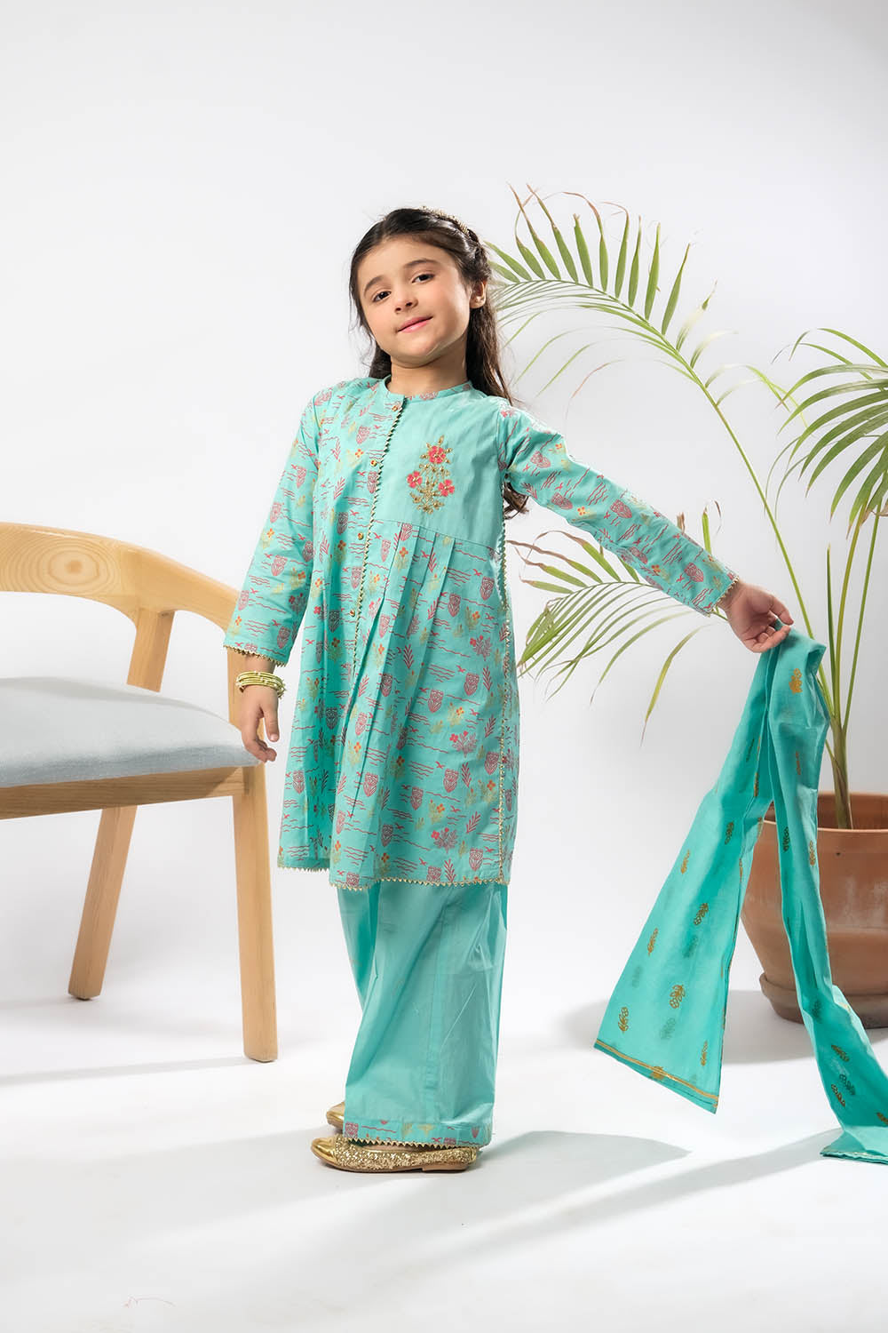 Kids Eid Dress | Sea Green & Multicolor | Casual Plus 3 Piece Suit