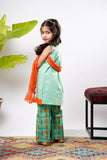 Kids Eid Dress | Sea Green & Multicolor | Casual Plus 3 Piece Suit | Cotton  Gold Printed Lawn | KBD-03244