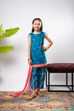 Kids Eid Dress | Turquoise Blue & Multicolor | Casual Plus 3 Piece suit | Cotton Gold Printed Lawn | KBD-03207