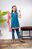 Kids Eid Dress | Turquoise Blue & Multicolor | Casual Plus 3 Piece suit | Cotton Gold Printed Lawn | KBD-03207