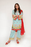 Girls Eid Dress | Sea Green & Multicolor | Casual 3 Piece Suit  | Cotton Lawn Digital Print | GAD-03474