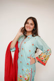 Girls Eid Dress | Sea Green & Multicolor | Casual 3 Piece Suit  | Cotton Lawn Digital Print | GAD-03474