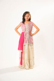 Kids formal clothes | Shocking Pink & Fawn | Formal 3 Piece Suit | Viscose Chiffon & Organza | KDD-03056