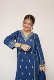 Girls Casual Dress | Blue & Gold | Casual Plus 3 Piece Suit  | Cotton Plain with Banarsi Borders | GBD-03456