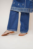 Girls Casual Dress | Blue & Gold | Casual Plus 3 Piece Suit  | Cotton Plain with Banarsi Borders | GBD-03456