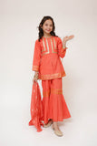 Kids Casual Dress | Peach & Gold | Casual Plus 3 Piece Suit | Cotton Plain with Banarsi Borders | KBD-03450