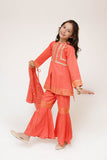 Kids Casual Dress | Peach & Gold | Casual Plus 3 Piece Suit | Cotton Plain with Banarsi Borders | KBD-03450