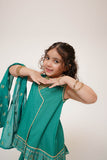 Kids Casual Dress | Turquoise Green & Gold | Casual Plus 3 Piece Suit | Cotton Plain with Banarsi Borders | KBD-03449
