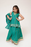 Kids Casual Dress | Turquoise Green & Gold | Casual Plus 3 Piece Suit | Cotton Plain with Banarsi Borders | KBD-03449