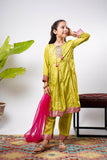 Kids formal clothes | Parrot Green & Gold | Formal 3 Piece Suit | Polyester Tussar Silk | KDD-03223