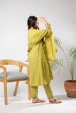 Girls Eid Dress | Perot Green & Gold | Casual Plus 3 Piece Suit  | Cotton Foil Printed | GBD-03399