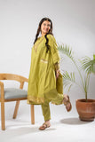 Girls Eid Dress | Perot Green & Gold | Casual Plus 3 Piece Suit  | Cotton Foil Printed | GBD-03399