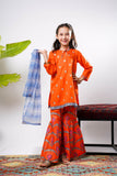 Kids Eid Dress | Orange & Multicolor | Casual Plus 3 Piece Suit | Cotton Gold Printed Lawn | KBD-03245