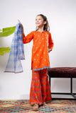 Kids Eid Dress | Orange & Multicolor | Casual Plus 3 Piece Suit | Cotton Gold Printed Lawn | KBD-03245