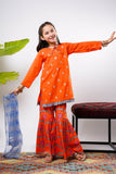 Kids Eid Dress | Orange & Multicolor | Casual Plus 3 Piece Suit | Cotton Gold Printed Lawn | KBD-03245