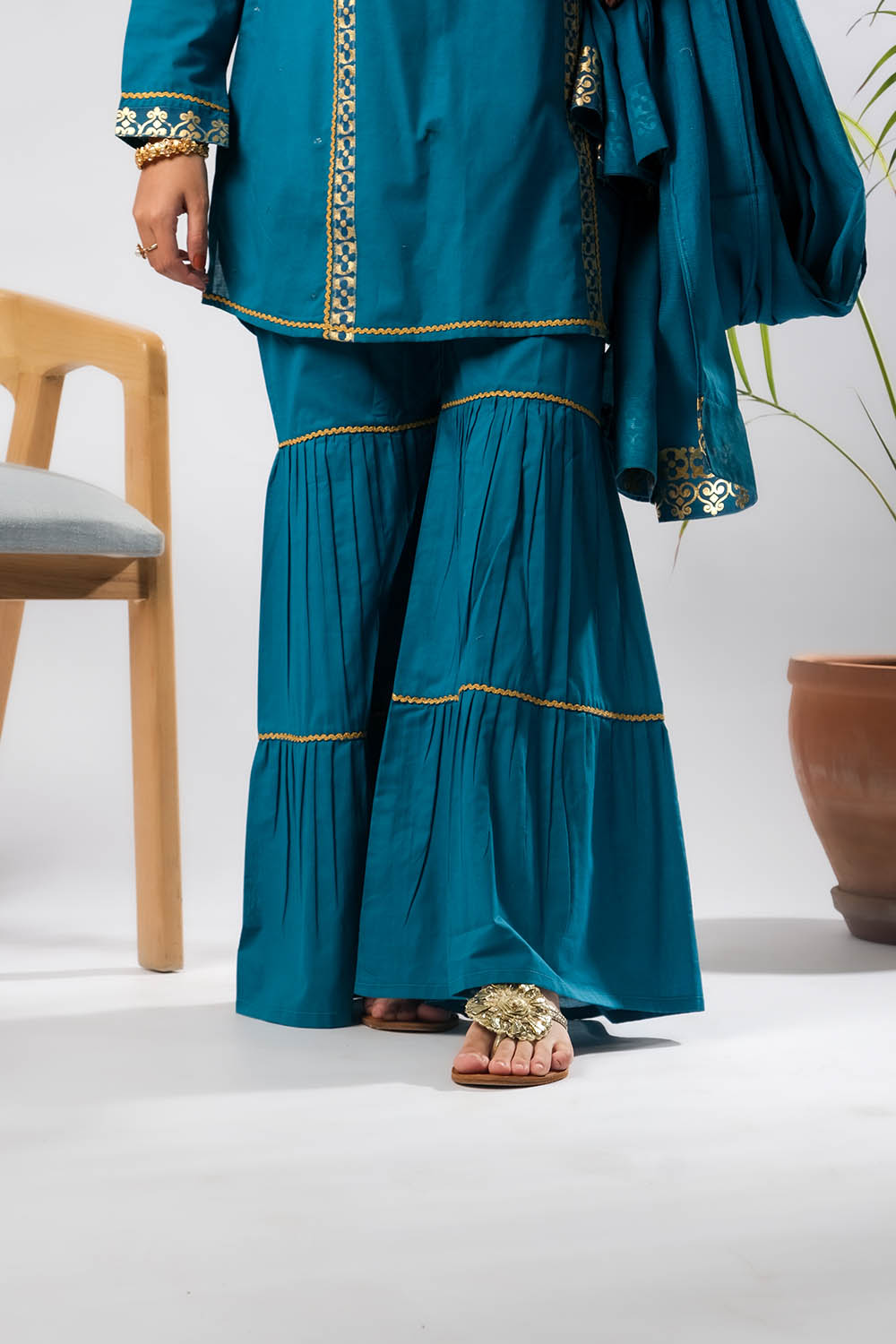 Girls Eid Dress | Blue & Gold | Casual Plus 3 Piece Suit