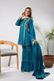 Girls Eid Dress | Blue & Gold | Casual Plus 3 Piece Suit | Cotton Foil Printed | GBD-03397