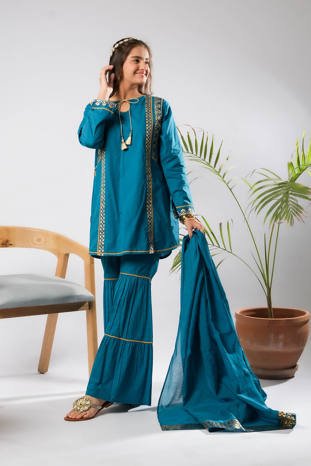 Girls Eid Dress | Blue & Gold | Casual Plus 3 Piece Suit