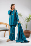 Girls Eid Dress | Blue & Gold | Casual Plus 3 Piece Suit | Cotton Foil Printed | GBD-03397