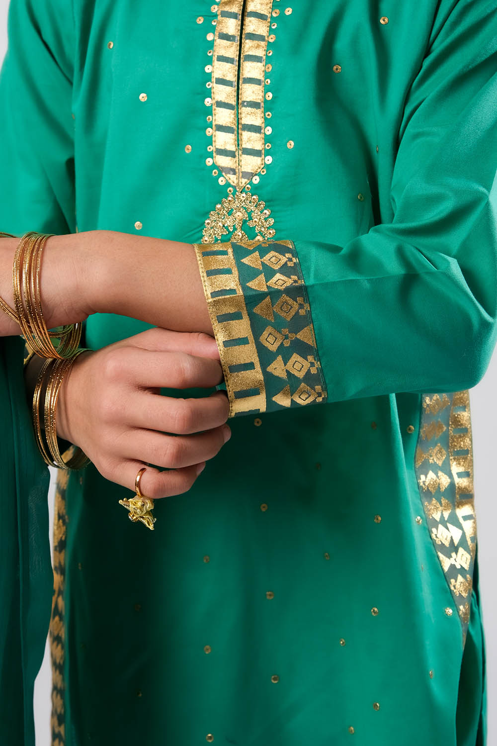 Kids Eid Dress | Turquoise Green & Gold | Casual Plus 3 Piece Suit