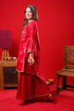 Girls Eid Dress | Red & Gold | Casual Plus 3 Piece Suit  | Cotton Jacquard | GBD-03374