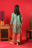 Kids formal clothes | Sea Green & Orange | Formal 3 Piece Suit | Polyester Tussar Silk with Digital print | KDD-03229