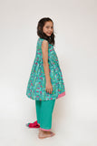 Kids Casual Dress | Sea Green & Multicolor | Casual 3 Piece Suit | Cotton Lawn Printed | KAD-03506