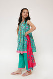 Kids Casual Dress | Sea Green & Multicolor | Casual 3 Piece Suit | Cotton Lawn Printed | KAD-03506