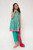 Kids Casual Dress | Sea Green & Multicolor | Casual 3 Piece Suit | Cotton Lawn Printed | KAD-03506