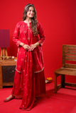 Girls Eid Dress | Red & Gold | Casual Plus 3 Piece Suit  | Cotton Jacquard | GBD-03374