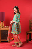 Kids formal clothes | Sea Green & Orange | Formal 3 Piece Suit | Polyester Tussar Silk with Digital print | KDD-03229