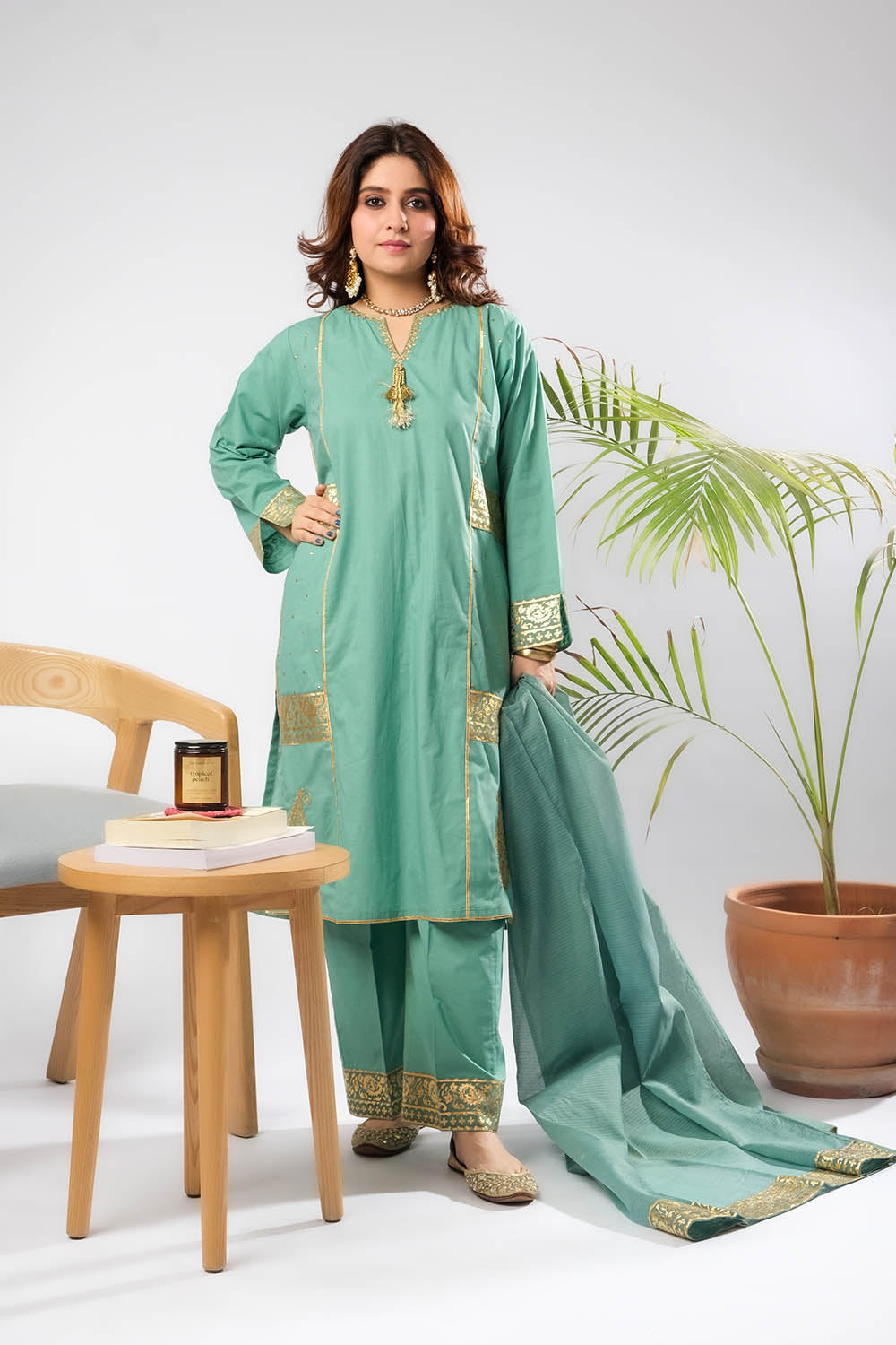 knee length dresses for ladies Women Eid Dress | Light Green & Gold | Casual Plus 3 Piece Suit