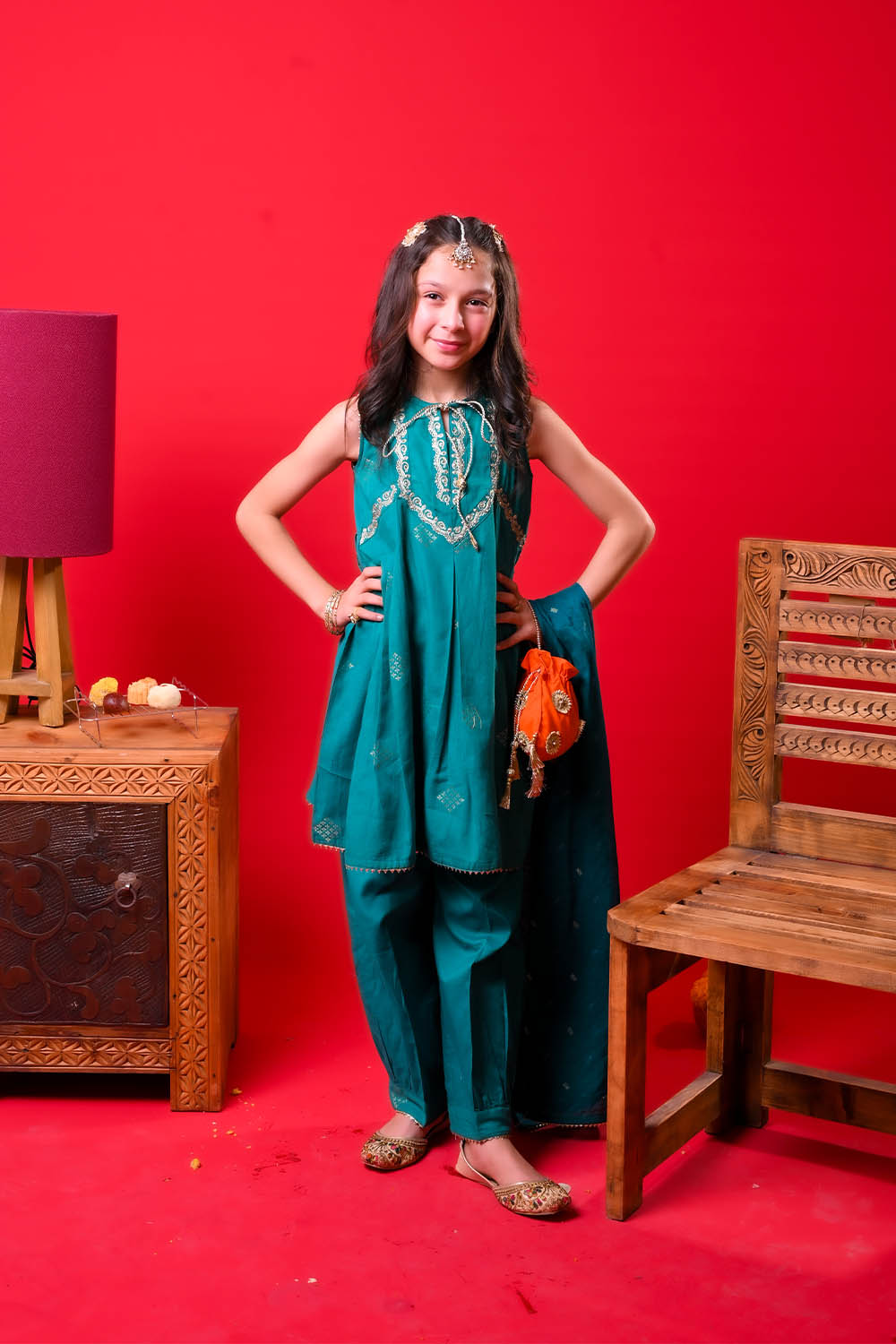 Kids Eid Dress | Turquois Blue & Gold | Casual Plus 3 Piece Suit