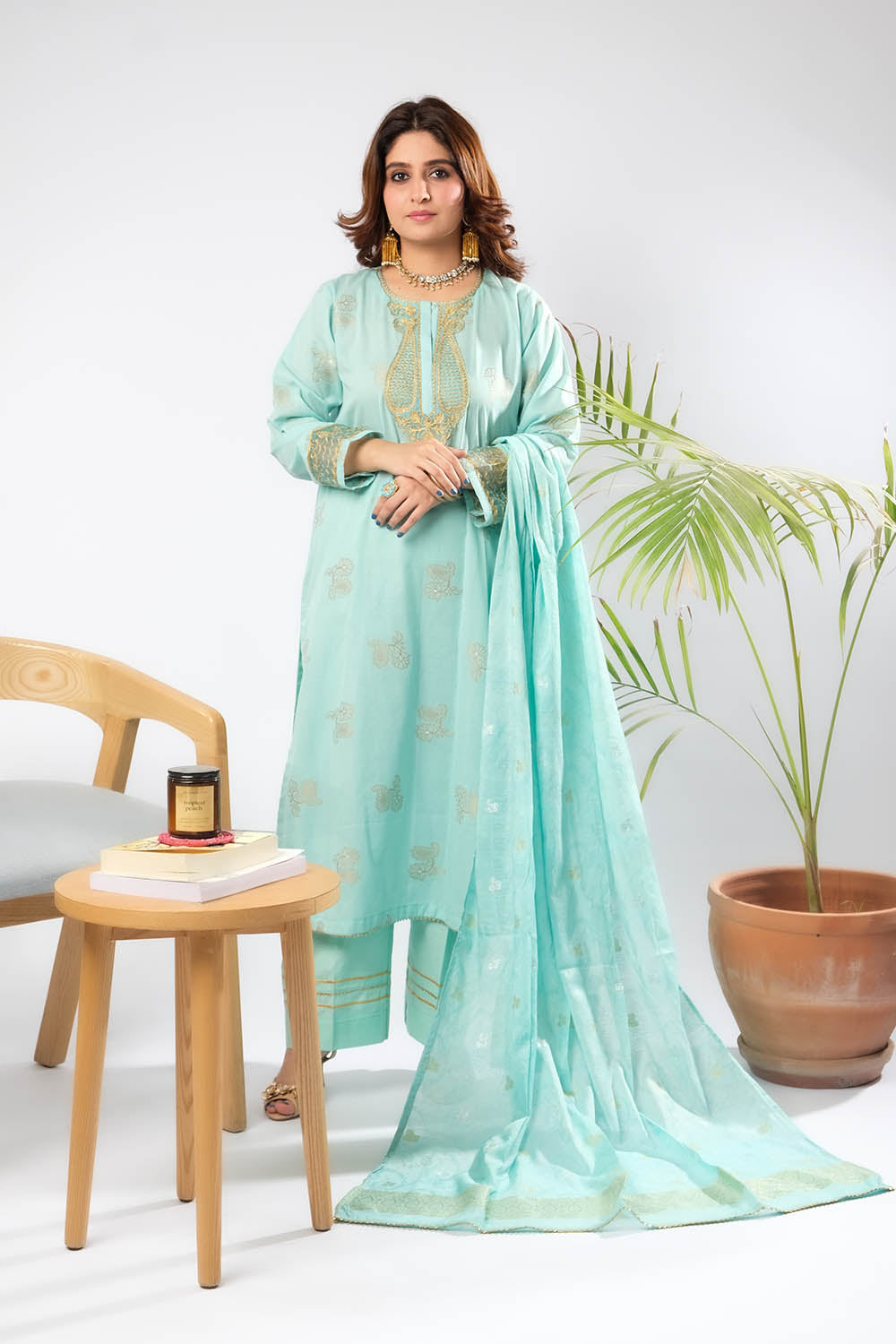 Women Eid Dress | Ferozi & Gold | Casual Plus 3 Piece Suit | Cotton Ja SENORITA Women Eid Dress | Ferozi & Gold | Casual Plus 3 Piece Suit | Cotton Ja SENORITA