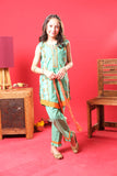 Kids Summer Clothes | Turquoise Green & Multicolor | Casul Plus 3 Piece suit | Cotton Gold Printed Lawn | KBD-03208
