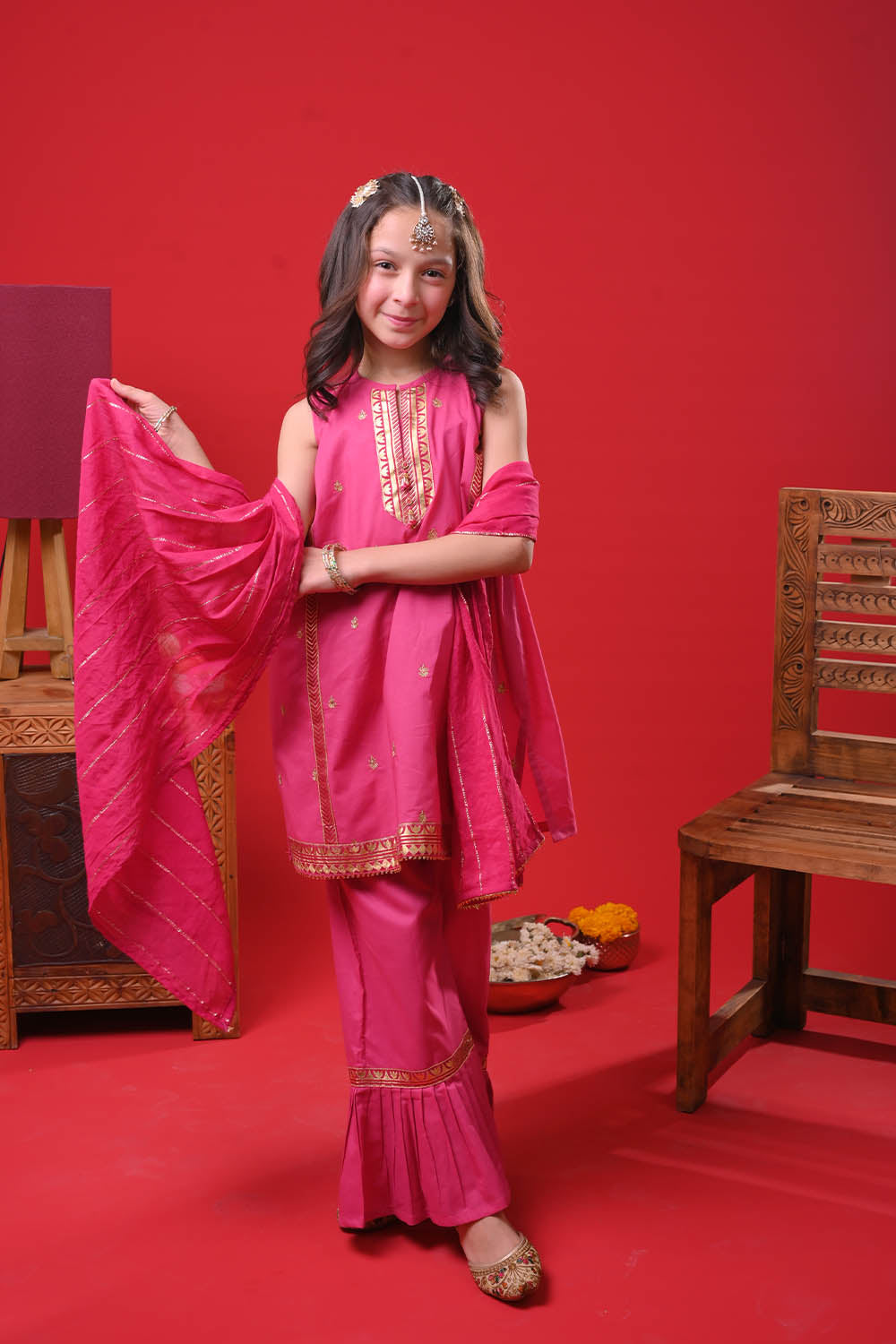 Kids Eid Dress | Shocking Pink & Gold | Casual Plus 3 Piece Suit