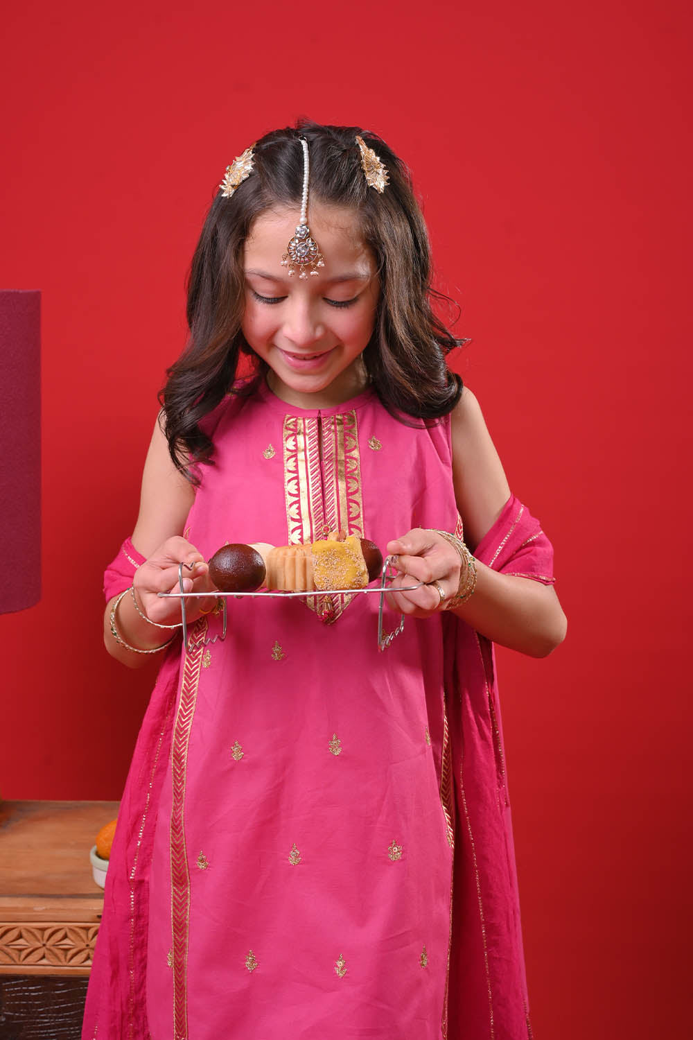 Kids Eid Dress | Shocking Pink & Gold | Casual Plus 3 Piece Suit