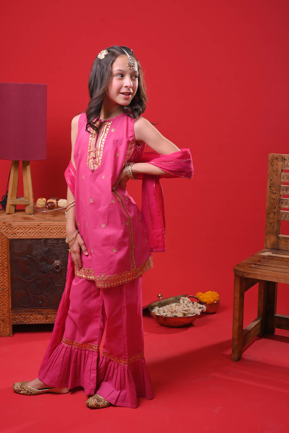 Kids Eid Dress | Shocking Pink & Gold | Casual Plus 3 Piece Suit