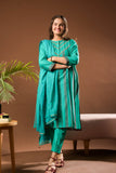 Girls Eid Dress | Turquoise Green & Multicolor  | Casual Plus 3 Piece Suit  | Cotton Dobby Gold | GBD-03405