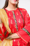 Girls Eid Dress | Red & Multicolor | Casual Plus 3 Piece Suit  | Cotton Dobby Gold Print | GBD-03206
