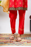 Girls Eid Dress | Red & Multicolor | Casual Plus 3 Piece Suit  | Cotton Dobby Gold Print | GBD-03206
